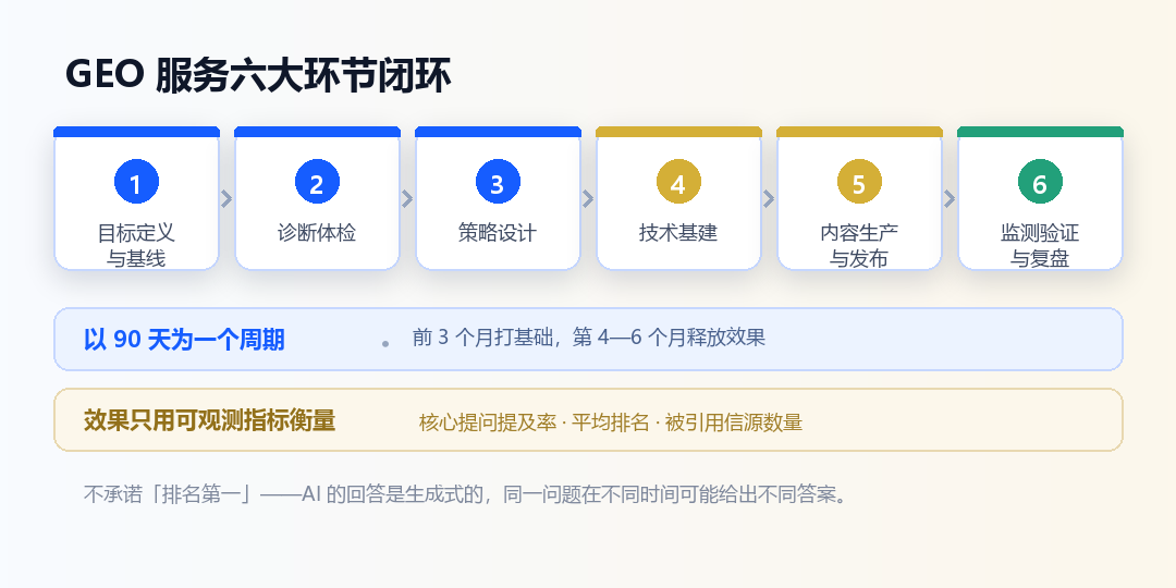 禾方 GEO 服务的六大环节闭环：90 天一个周期，效果只用可观测指标衡量